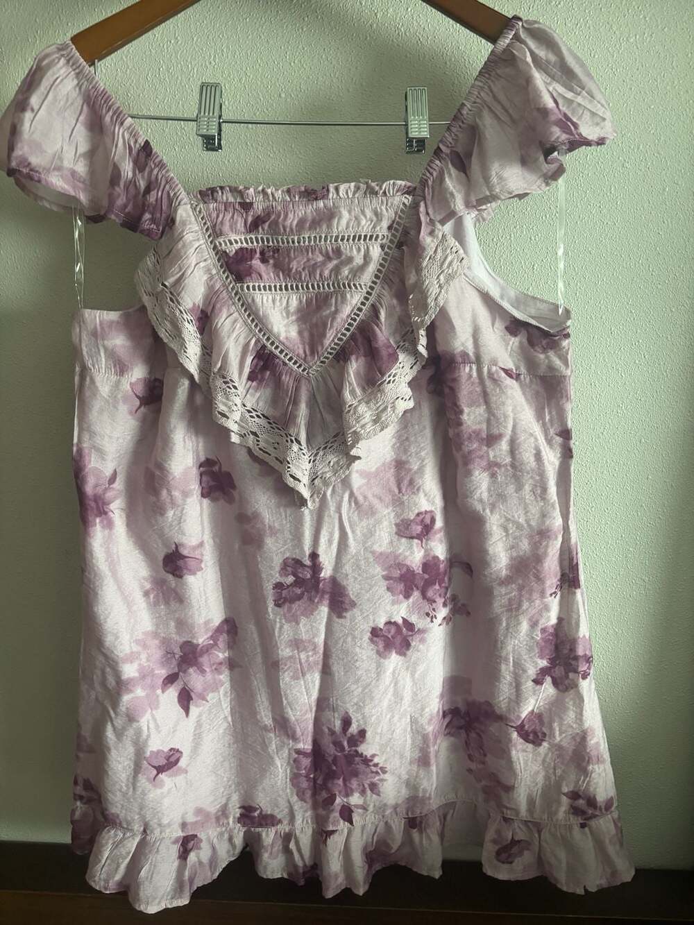 And Now This Purple Floral Print Mini Dress with Lace Trim and Ruffle Hem